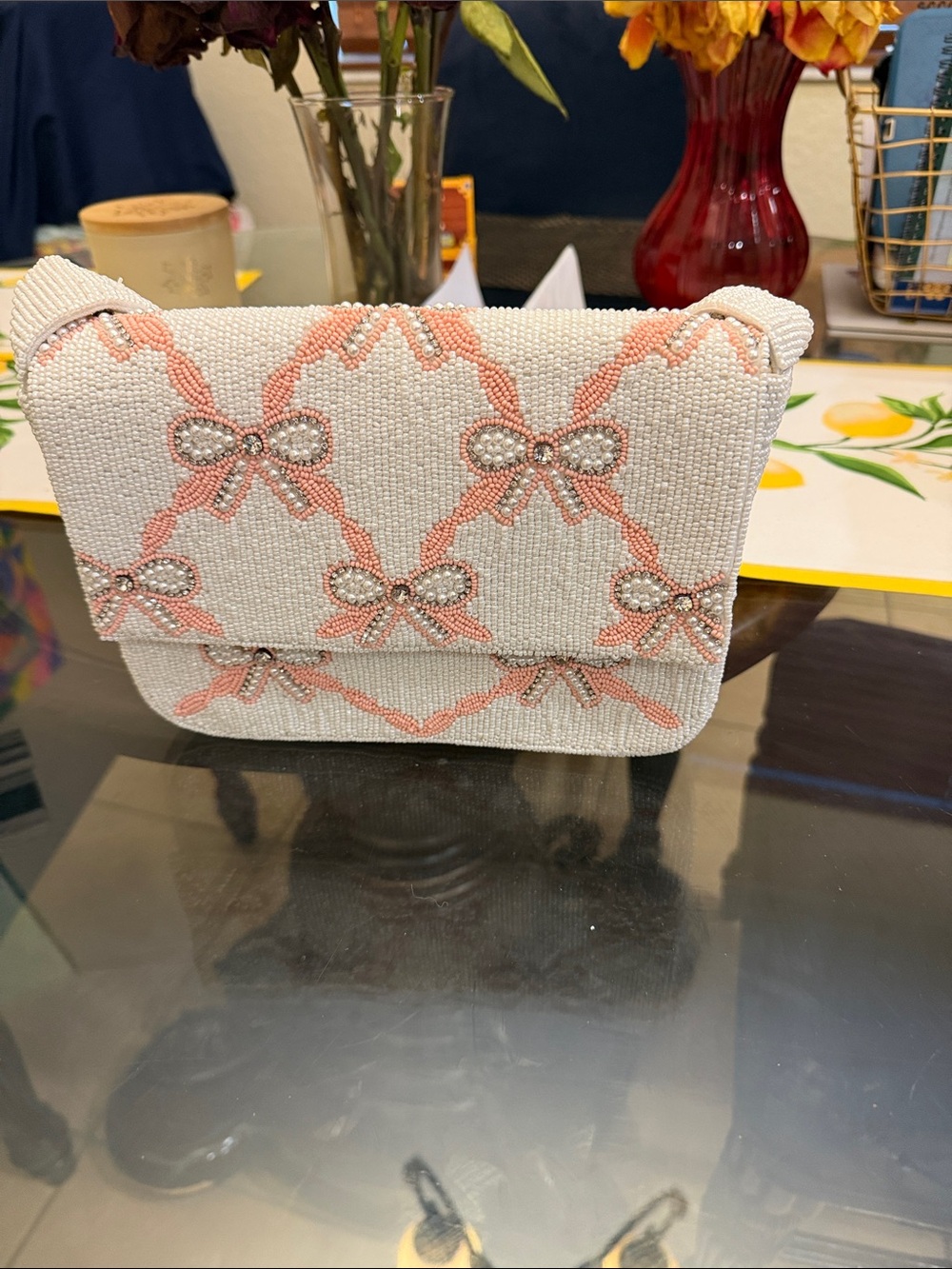 Beaded White Clutch with Pink Bow Motif